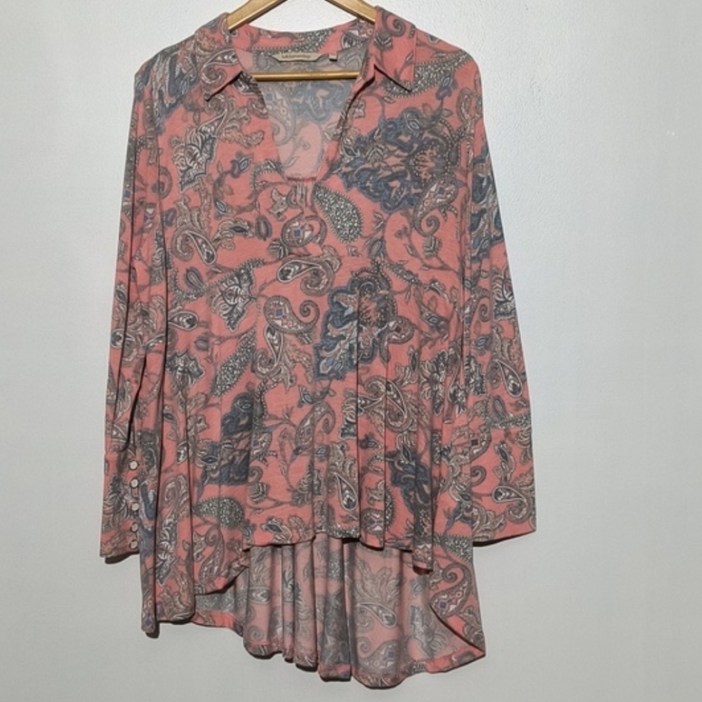 🔥 Soft Surroundings Philippa Tunic Coral and Gray Patterned Top Size XL